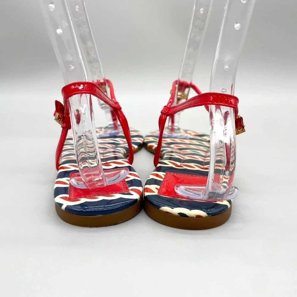 Tory Burch Womens 8.5 Emmy Red Navy Rope Patent Leather Thong Sandals Gold Logo